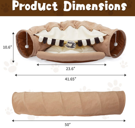 Foldable Cat Tunnel Bed For Indoor Cats, Washable Cat Skin Tunnel With Hanging Toys And Mats, Brown Color