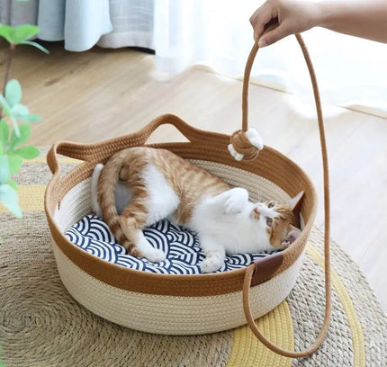 Cat Ear Shape Thickened Woven Cat Scratching Board Pet Bed - Khaki White-4