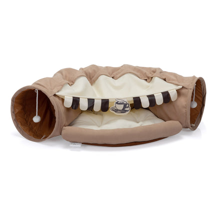 Foldable Cat Tunnel Bed For Indoor Cats, Washable Cat Skin Tunnel With Hanging Toys And Mats, Brown Color