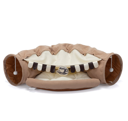 Foldable Cat Tunnel Bed For Indoor Cats, Washable Cat Skin Tunnel With Hanging Toys And Mats, Brown Color