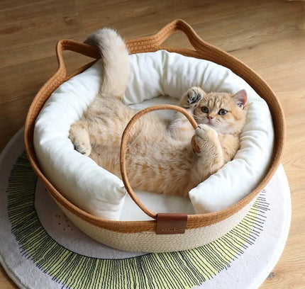 Cat Ear Shape Thickened Woven Cat Scratching Board Pet Bed - Khaki White-2
