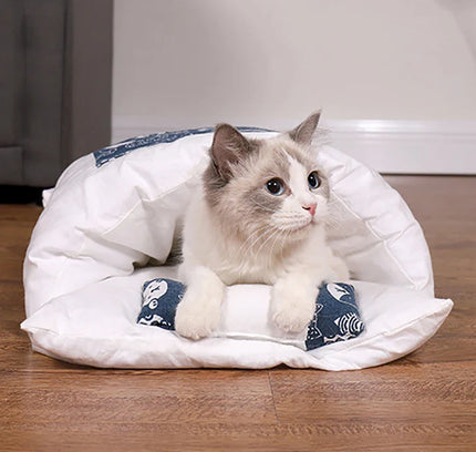 Japanese Cat Bed Warm Cat Sleeping Bag Deep Sleep Cave Winter Removable Pet House Bed for Cats Dogs Nest Cushion with Pillow-2