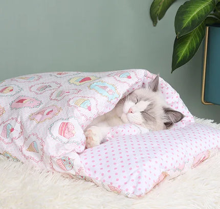 Japanese Cat Bed Warm Cat Sleeping Bag Deep Sleep Cave Winter Removable Pet House Bed for Cats Dogs Nest Cushion with Pillow-6