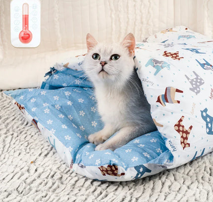 Japanese Cat Bed Warm Cat Sleeping Bag Deep Sleep Cave Winter Removable Pet House Bed for Cats Dogs Nest Cushion with Pillow-0