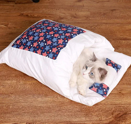 Japanese Cat Bed Warm Cat Sleeping Bag Deep Sleep Cave Winter Removable Pet House Bed for Cats Dogs Nest Cushion with Pillow-10