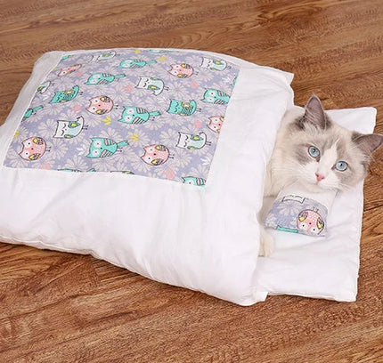 Japanese Cat Bed Warm Cat Sleeping Bag Deep Sleep Cave Winter Removable Pet House Bed for Cats Dogs Nest Cushion with Pillow-11