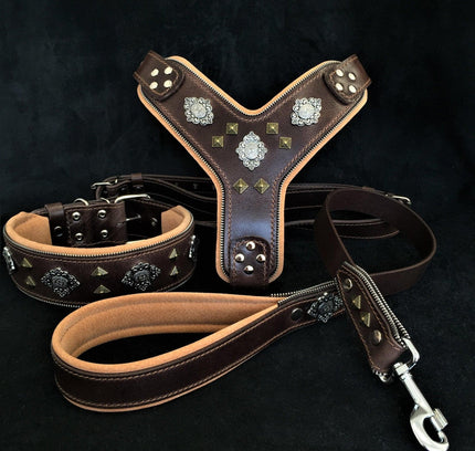 "AZTEC" BIG dog SET - Harness - collar - lead. Brown-0