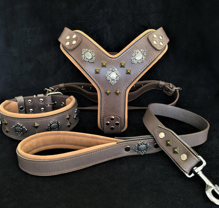 "AZTEC" BIG dog SET - Harness - collar - lead. Grey-0