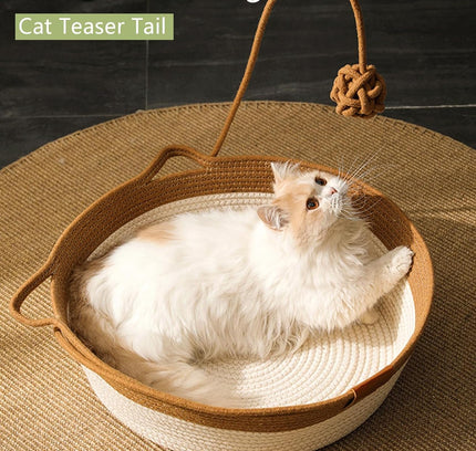 The "Kitten Cocoon" Woven Bed (Natural Cotton & Built-in Scratcher)