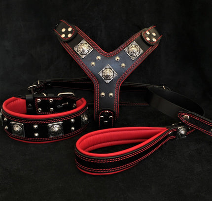 "EROS" BIG dog SET- Harness - collar - lead. Black & Red-0