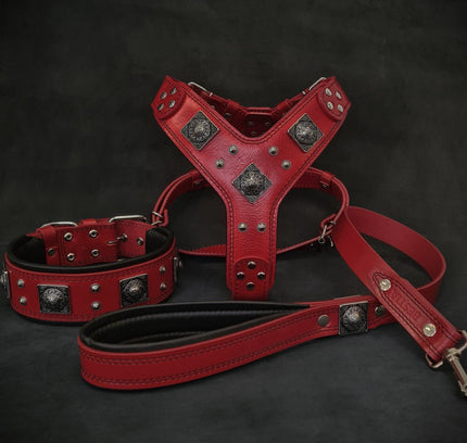 "EROS" BIG dog SET- Harness - collar - lead. Red-0