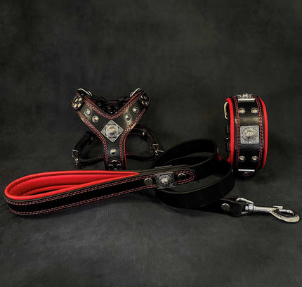 "EROS" Small to Medium dog SET - Harness - collar - lead Black&Red-0