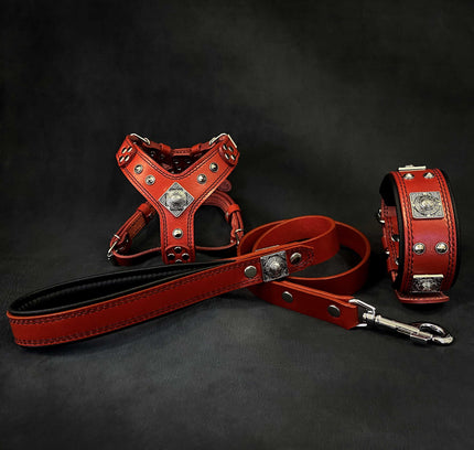 "EROS" Small to Medium dog SET - Harness - collar - lead. Red-0