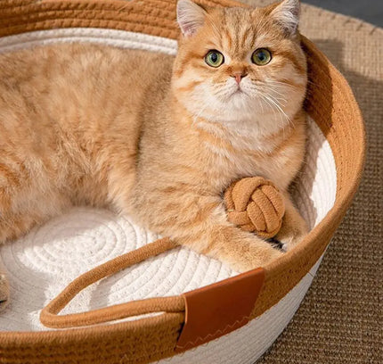 Cat Ear Shape Thickened Woven Cat Scratching Board Pet Bed - Khaki White-3