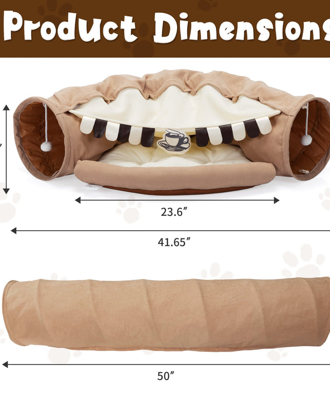 Foldable Cat Tunnel Bed For Indoor Cats, Washable Cat Skin Tunnel With Hanging Toys And Mats, Brown Color-4