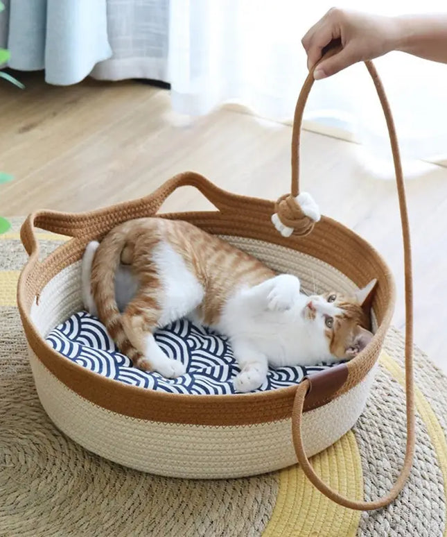 Cat Ear Shape Thickened Woven Cat Scratching Board Pet Bed - Khaki White-4