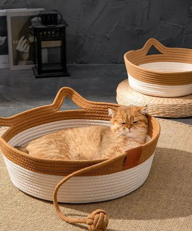 Cat Ear Shape Thickened Woven Cat Scratching Board Pet Bed - Khaki White-1