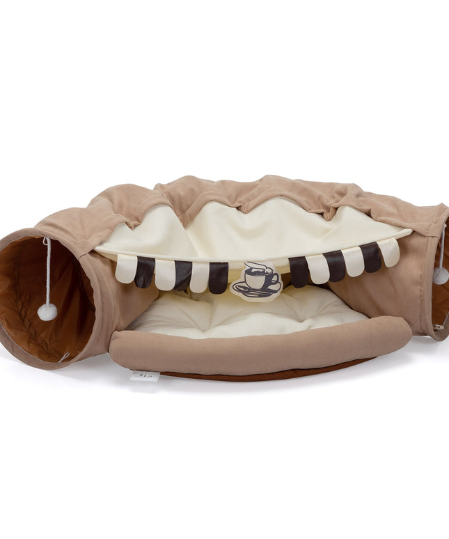 Foldable Cat Tunnel Bed For Indoor Cats, Washable Cat Skin Tunnel With Hanging Toys And Mats, Brown Color