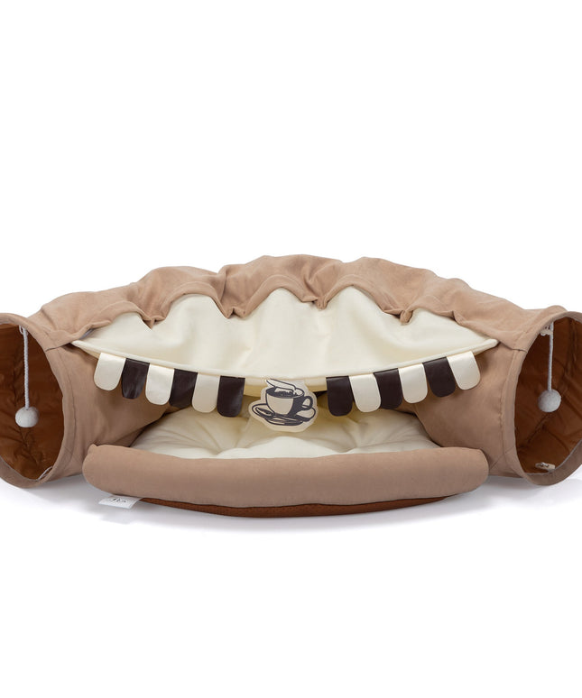 Foldable Cat Tunnel Bed For Indoor Cats, Washable Cat Skin Tunnel With Hanging Toys And Mats, Brown Color