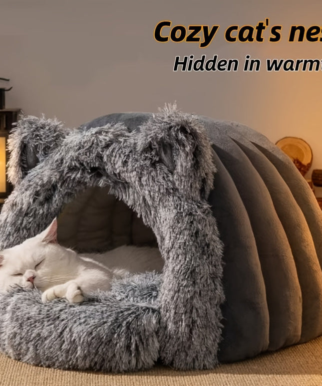 Plush Fleece Cat Cave Bed for Winter Comfort-2