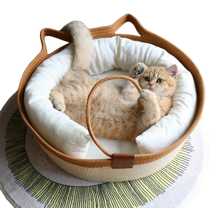Cat Ear Shape Thickened Woven Cat Scratching Board Pet Bed - Khaki White-0