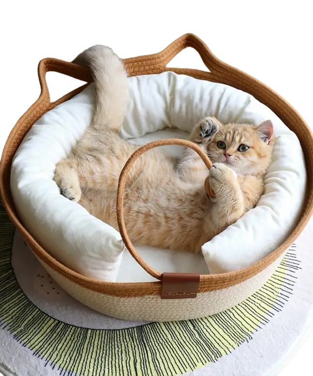 Cat Ear Shape Thickened Woven Cat Scratching Board Pet Bed - Khaki White-0