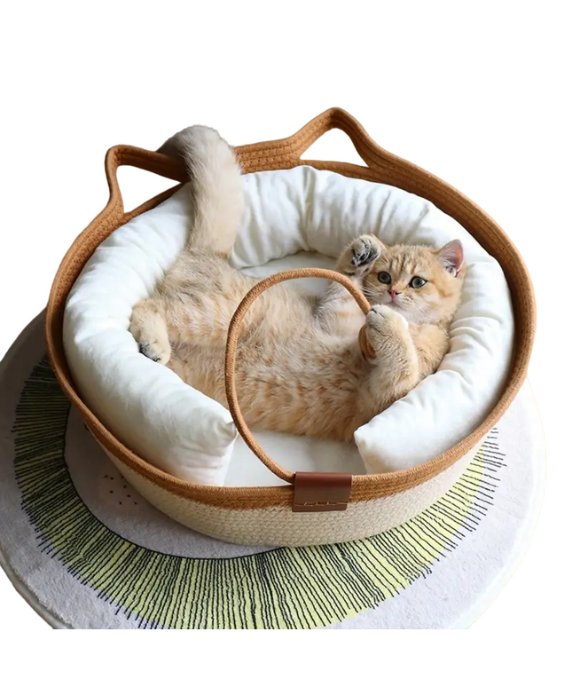 Cat Ear Shape Thickened Woven Cat Scratching Board Pet Bed - Khaki White-0