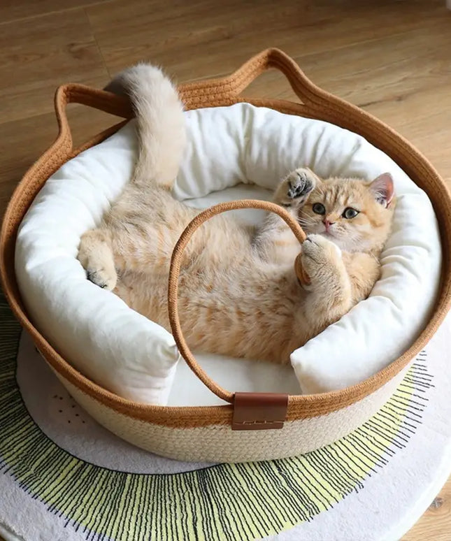 Cat Ear Shape Thickened Woven Cat Scratching Board Pet Bed - Khaki White-2