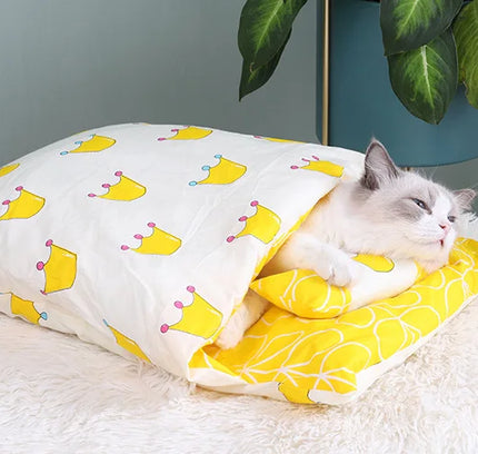 Japanese Cat Bed Warm Cat Sleeping Bag Deep Sleep Cave Winter Removable Pet House Bed for Cats Dogs Nest Cushion with Pillow-9