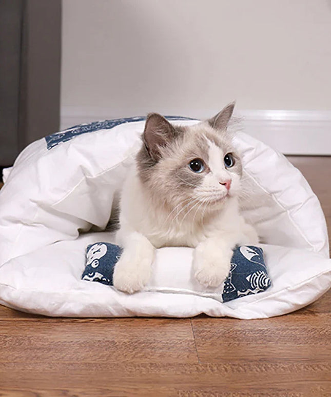 Japanese Cat Bed Warm Cat Sleeping Bag Deep Sleep Cave Winter Removable Pet House Bed for Cats Dogs Nest Cushion with Pillow-2