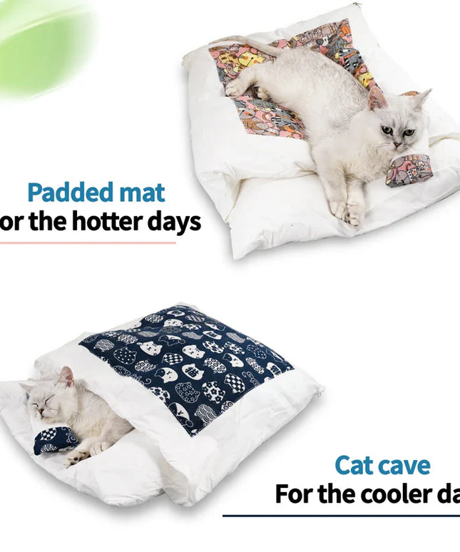 Japanese Cat Bed Warm Cat Sleeping Bag Deep Sleep Cave Winter Removable Pet House Bed for Cats Dogs Nest Cushion with Pillow-3