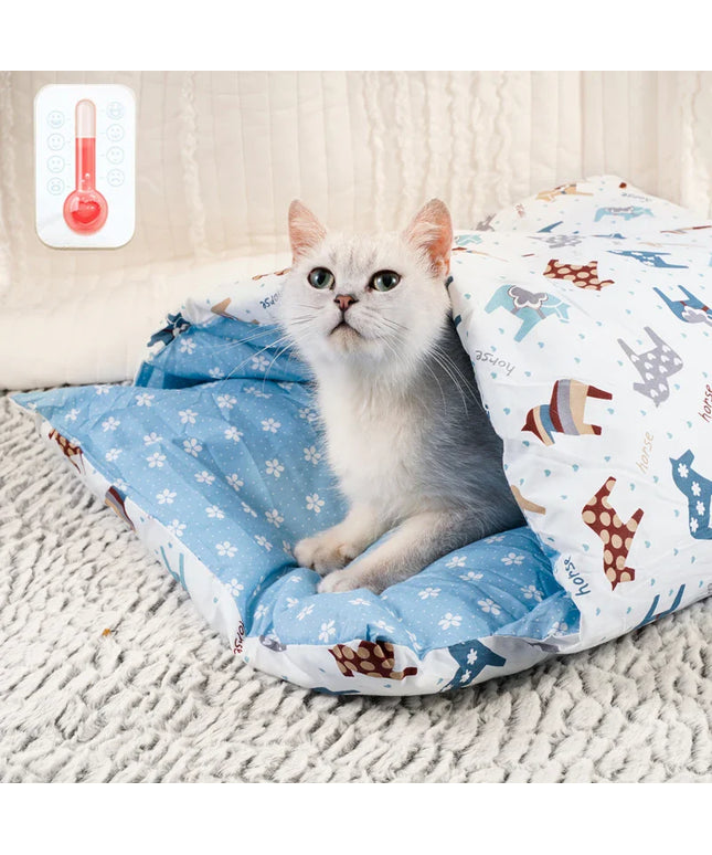 Japanese Cat Bed Warm Cat Sleeping Bag Deep Sleep Cave Winter Removable Pet House Bed for Cats Dogs Nest Cushion with Pillow-0