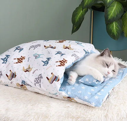 Japanese Cat Bed Warm Cat Sleeping Bag Deep Sleep Cave Winter Removable Pet House Bed for Cats Dogs Nest Cushion with Pillow-5