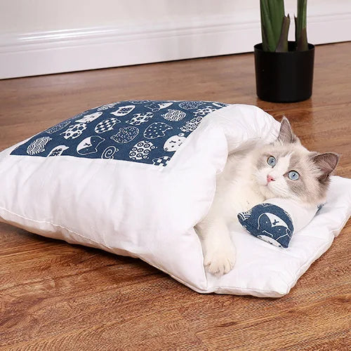 Japanese Cat Bed Warm Cat Sleeping Bag Deep Sleep Cave Winter Removable Pet House Bed for Cats Dogs Nest Cushion with Pillow-8