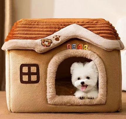 Foldable Soft Pet House And Bed Detachable Cave-Style Nest Brown-1