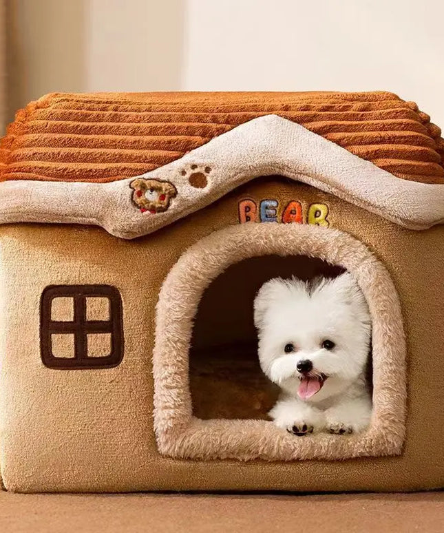Foldable Soft Pet House And Bed Detachable Cave-Style Nest Brown-1