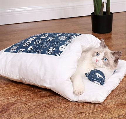 Japanese Cat Bed Warm Cat Sleeping Bag Deep Sleep Cave Winter Removable Pet House Bed for Cats Dogs Nest Cushion with Pillow-1