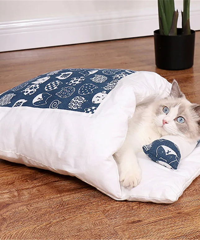 Japanese Cat Bed Warm Cat Sleeping Bag Deep Sleep Cave Winter Removable Pet House Bed for Cats Dogs Nest Cushion with Pillow-1