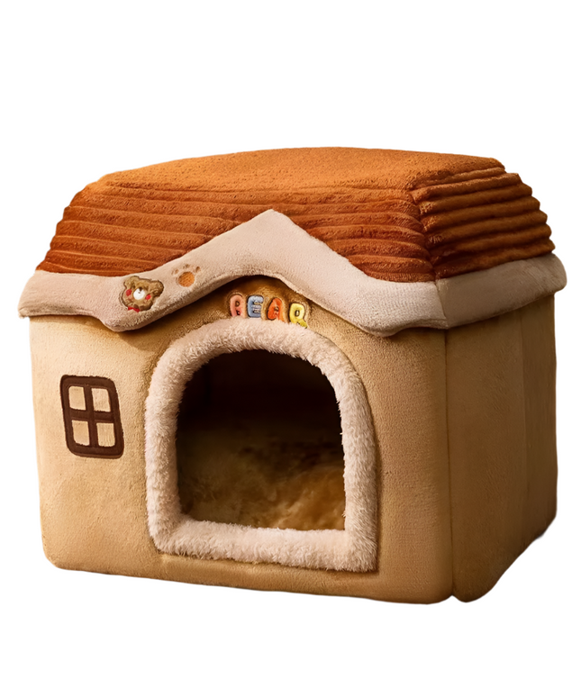 Foldable Soft Pet House And Bed Detachable Cave-Style Nest Brown-0