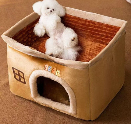 Foldable Soft Pet House And Bed Detachable Cave-Style Nest Brown-3
