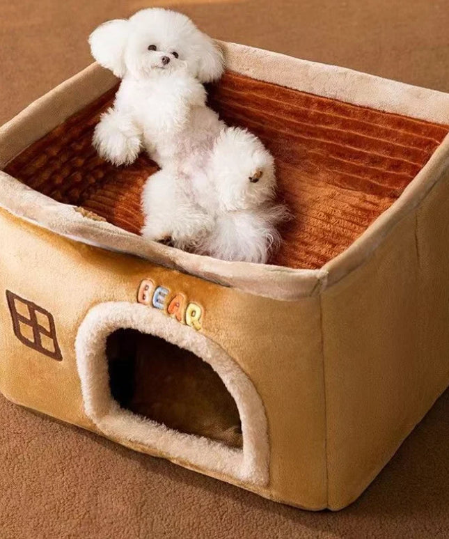 Foldable Soft Pet House And Bed Detachable Cave-Style Nest Brown-3
