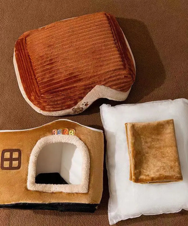 Foldable Soft Pet House And Bed Detachable Cave-Style Nest Brown-2