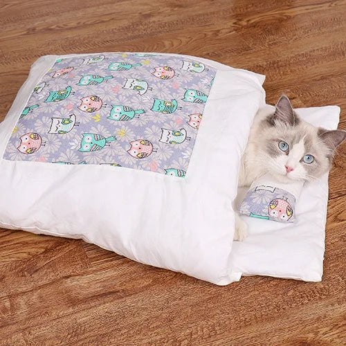 Japanese Cat Bed Warm Cat Sleeping Bag Deep Sleep Cave Winter Removable Pet House Bed for Cats Dogs Nest Cushion with Pillow-11