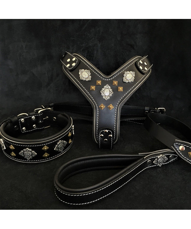 "AZTEC" BIG dog SET - Harness - collar - lead. Black-0