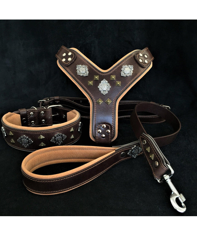 "AZTEC" BIG dog SET - Harness - collar - lead. Brown-0