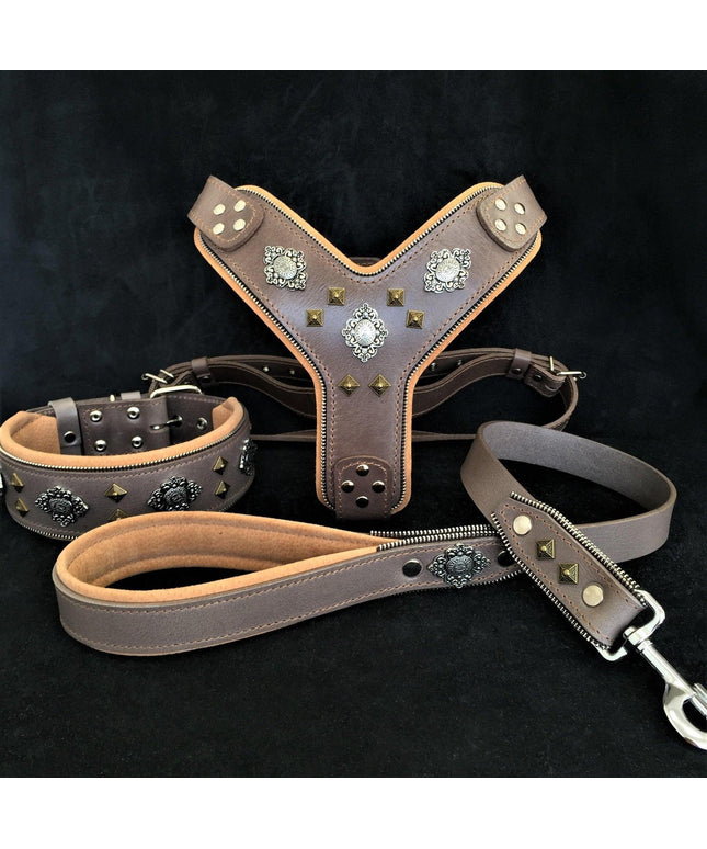 "AZTEC" BIG dog SET - Harness - collar - lead. Grey-0