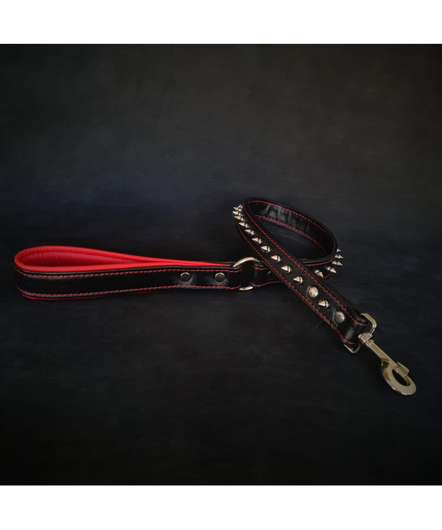 Black soft leather short spiked leash-0