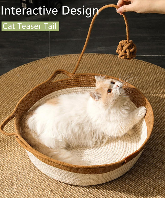 The "Kitten Cocoon" Woven Bed (Natural Cotton & Built-in Scratcher)