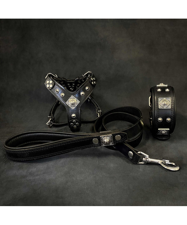 "EROS" Small to Medium dog SET - Harness - collar - lead. All Black-0