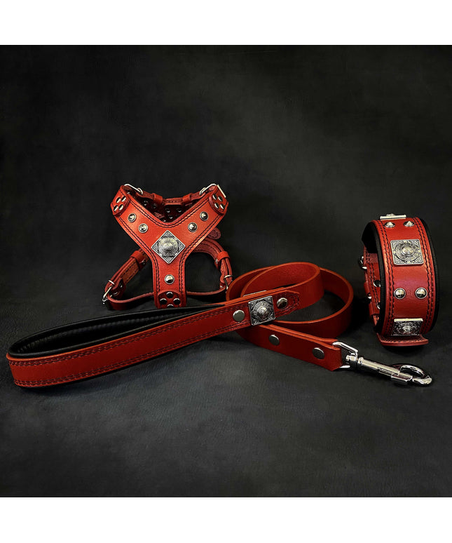 "EROS" Small to Medium dog SET - Harness - collar - lead. Red-0